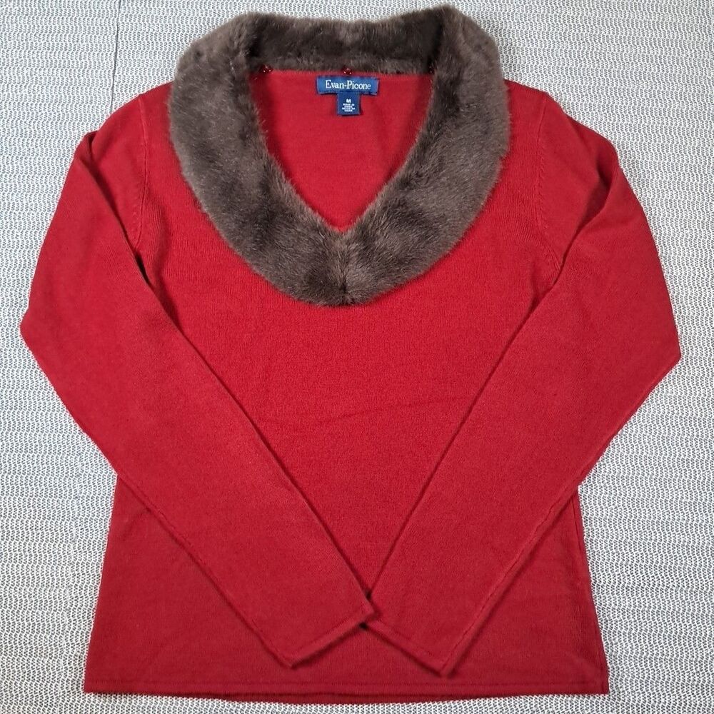 Evan Picone Women's Red/ Detachable Brown Fur Collar Pullover Sweater, Size M